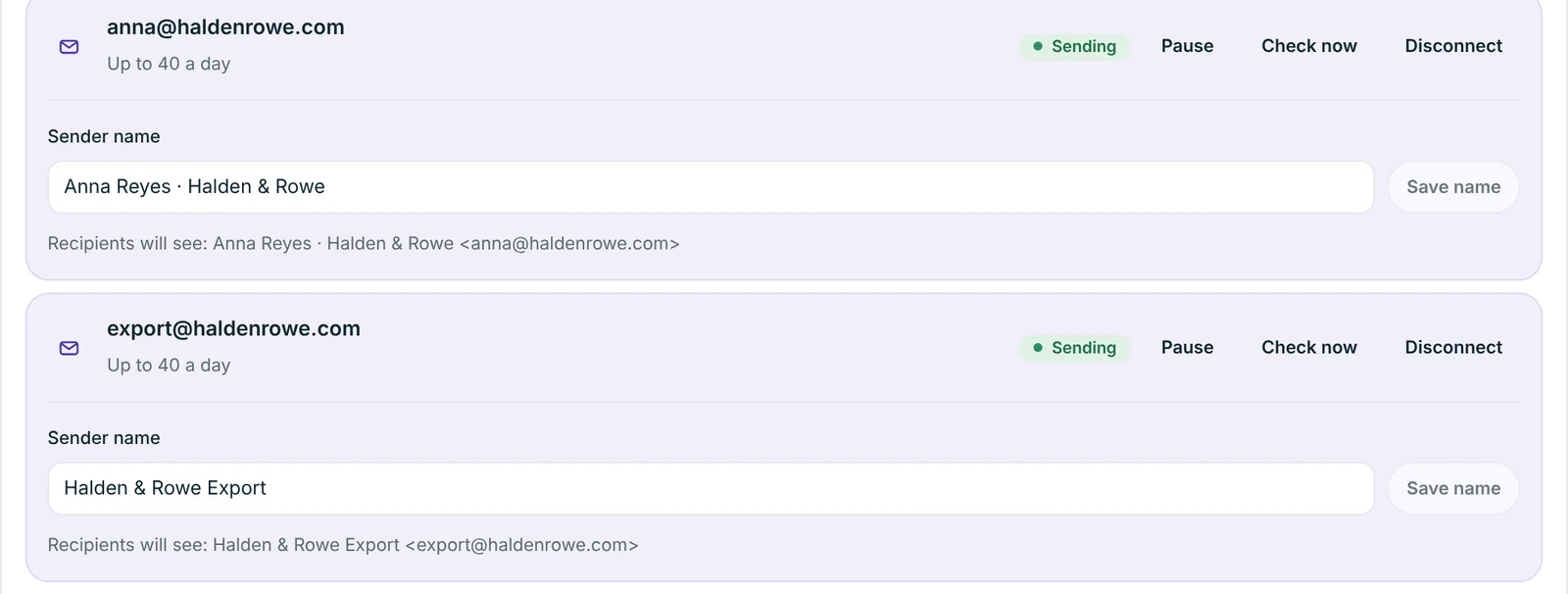 Two connected Gmail accounts in Double Export, each with its own sender name and a limit of 40 emails a day.