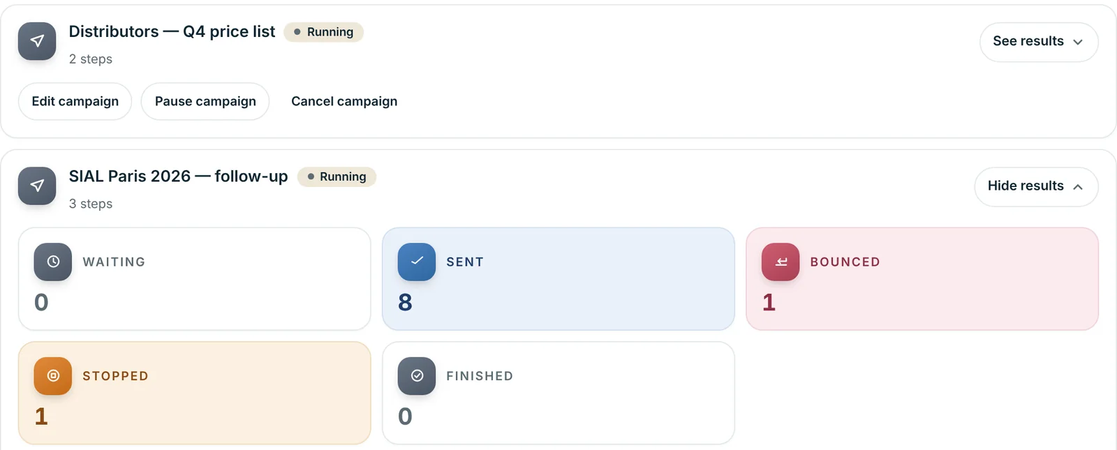 Results for an email campaign in Double Export: eight sent, one bounced and one stopped.