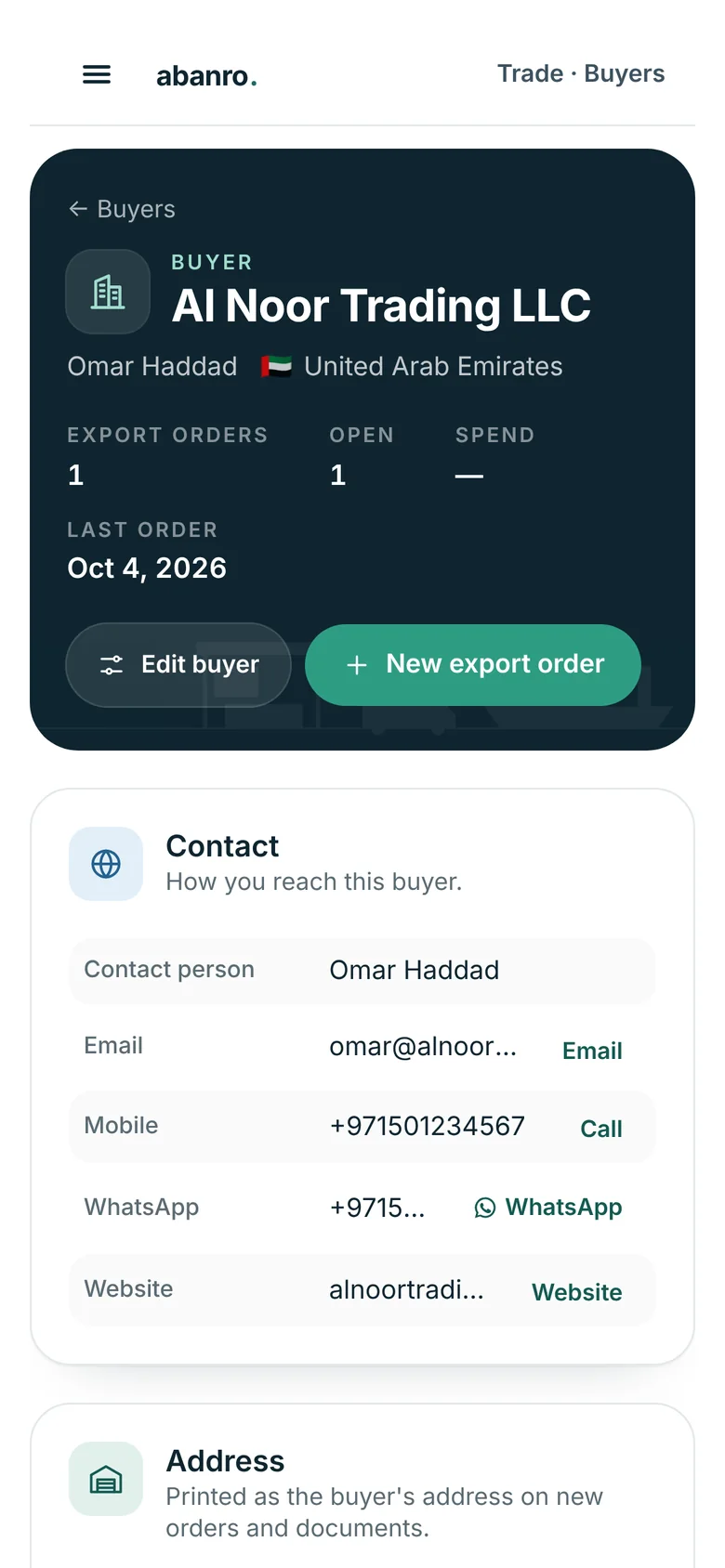 A buyer record in Double Export on a phone: Al Noor Trading LLC with contact person, WhatsApp and a new export order button.