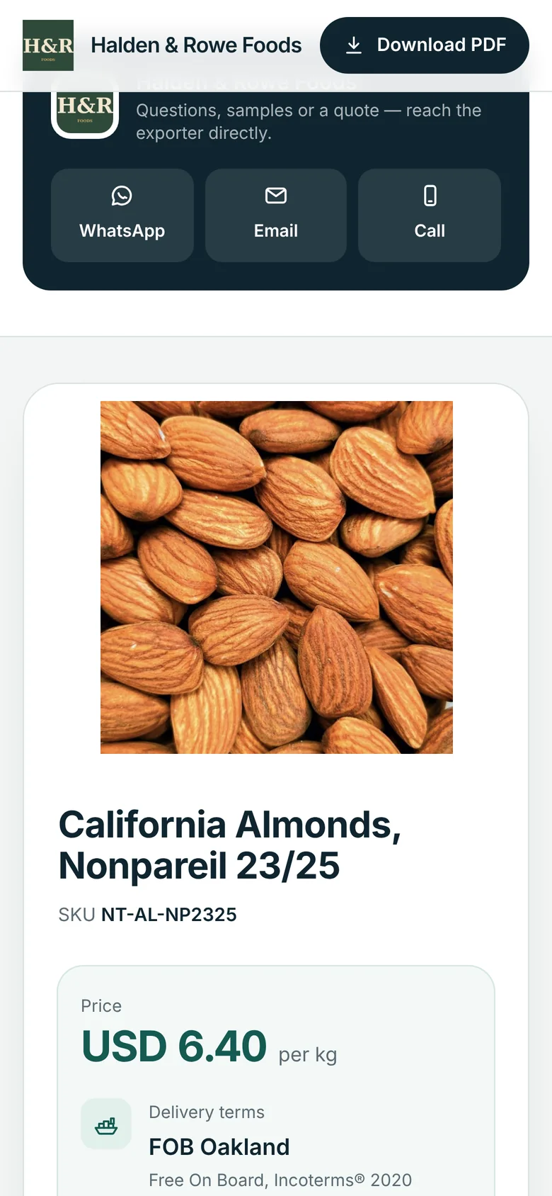 A product on the sheet: California almonds at USD 6.40 per kg, FOB Oakland.