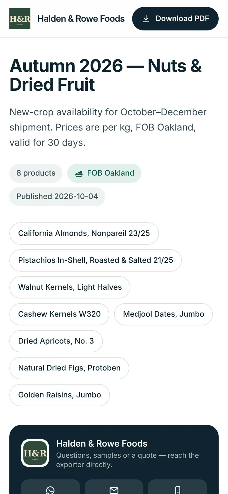 The same Product Sheet on a phone, with WhatsApp, email and call buttons for the exporter.