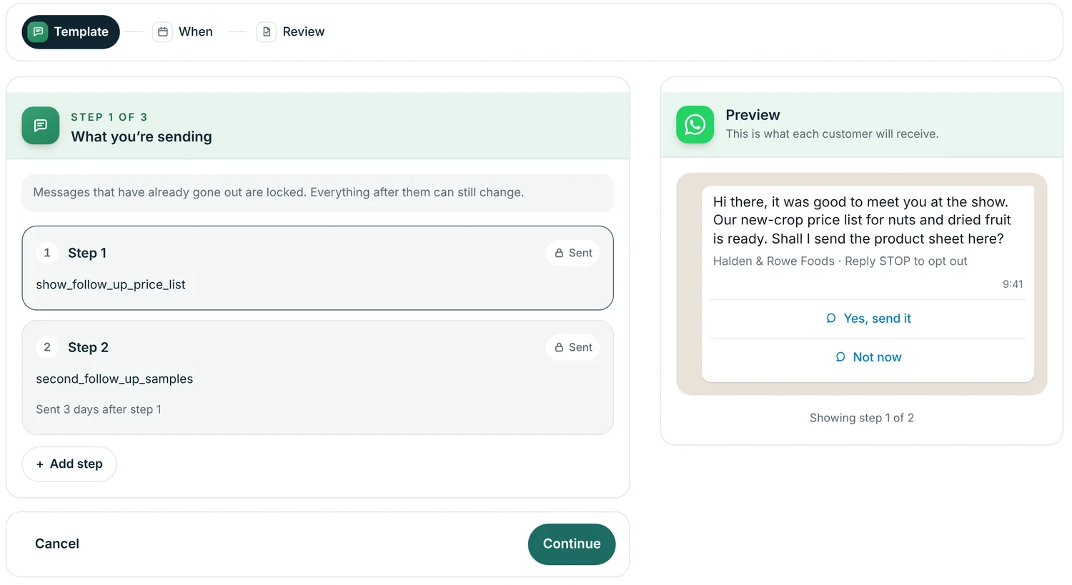 A two-step WhatsApp sequence in Double Export with a phone preview of the first message and its quick-reply buttons.