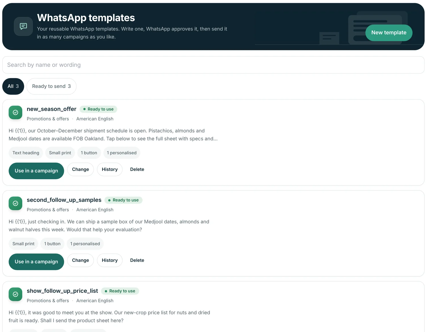 The WhatsApp templates library in Double Export with three templates approved by WhatsApp and ready to use in a campaign.